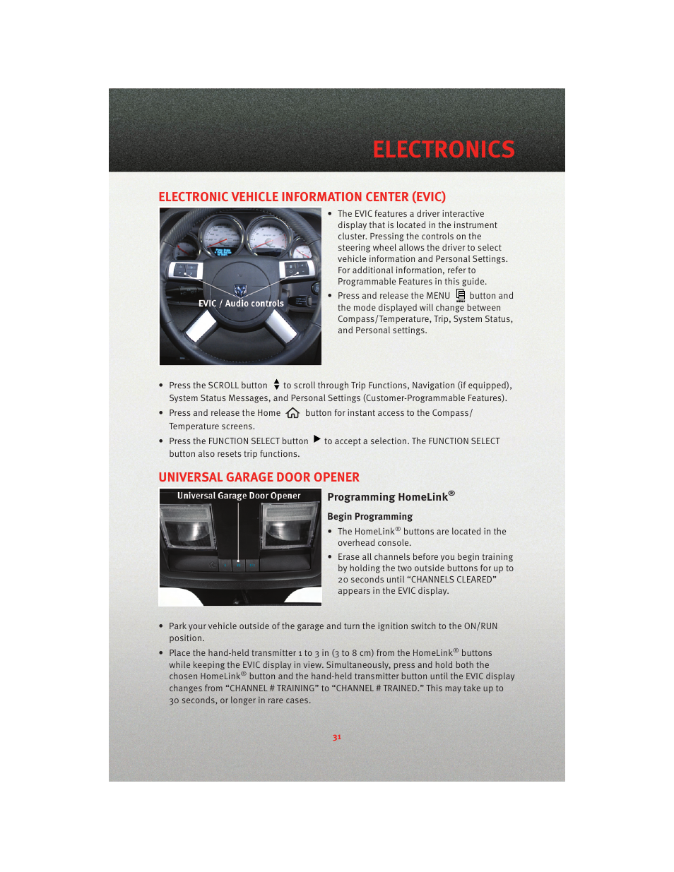 Electronic vehicle information center (evic), Universal garage door opener, Programming homelink | Electronics | Dodge 2010 Charger_SRT - User Guide User Manual | Page 33 / 80