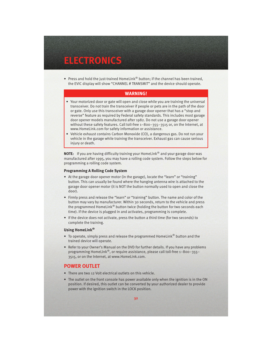 Power outlet, Electronics, Warning | Dodge 2010 Charger_SRT - User Guide User Manual | Page 34 / 80