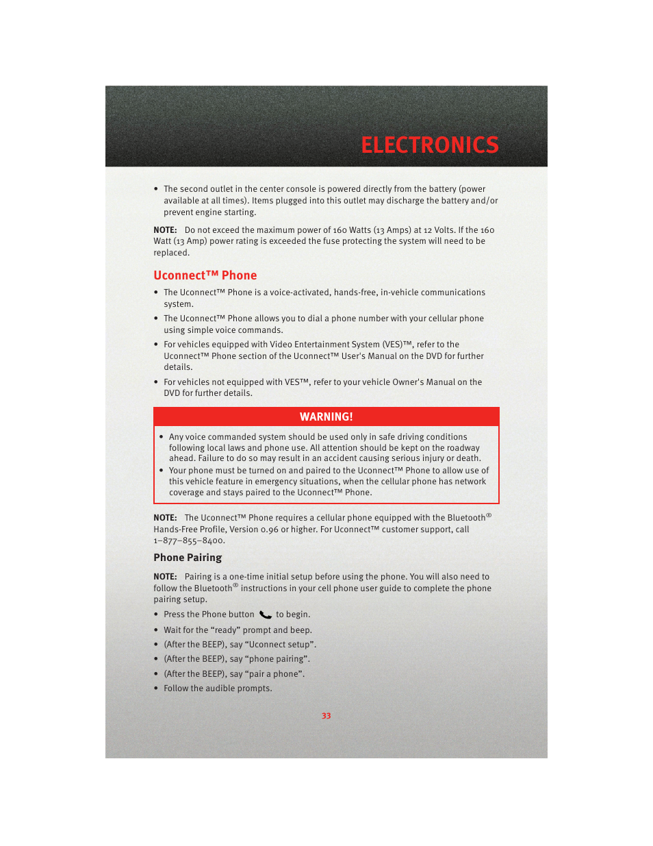 Uconnect™ phone, Phone pairing, Electronics | Dodge 2010 Charger_SRT - User Guide User Manual | Page 35 / 80