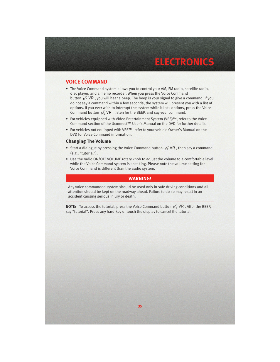 Voice command, Changing the volume, Electronics | Dodge 2010 Charger_SRT - User Guide User Manual | Page 37 / 80