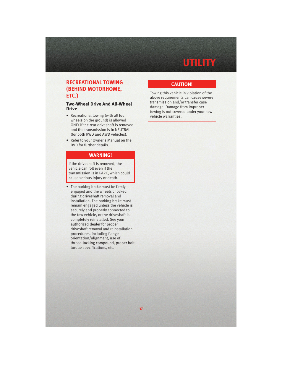 Recreational towing (behind motorhome, etc.), Two-wheel drive and all-wheel drive, Utility | Dodge 2010 Charger_SRT - User Guide User Manual | Page 39 / 80