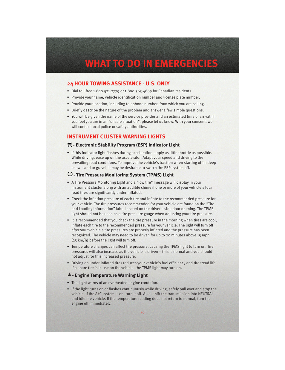 What to do in emergencies, 24 hour towing assistance - u.s. only, Instrument cluster warning lights | Electronic stability program (esp) indicator light, Tire pressure monitoring system (tpms) light, Engine temperature warning light | Dodge 2010 Charger_SRT - User Guide User Manual | Page 41 / 80