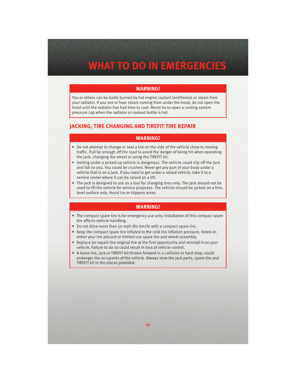 Jacking, tire changing and tirefit tire repair, What to do in emergencies | Dodge 2010 Charger_SRT - User Guide User Manual | Page 45 / 80