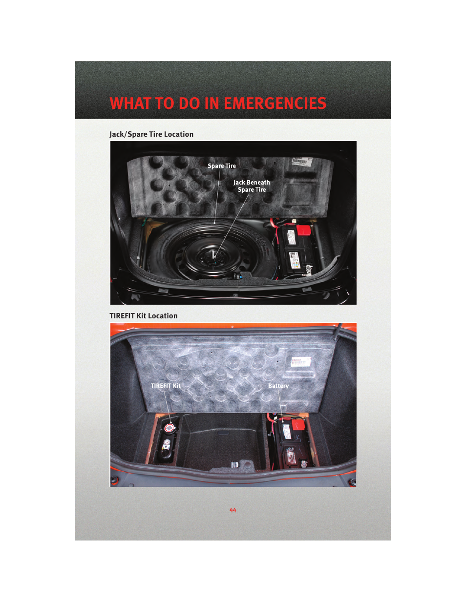 Jack/spare tire location, Tirefit kit location, What to do in emergencies | Dodge 2010 Charger_SRT - User Guide User Manual | Page 46 / 80