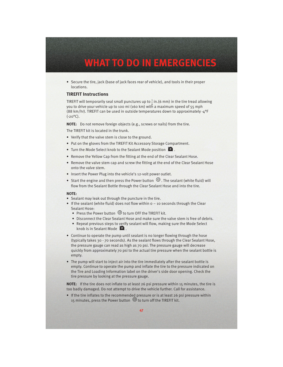 Tirefit instructions, What to do in emergencies | Dodge 2010 Charger_SRT - User Guide User Manual | Page 49 / 80