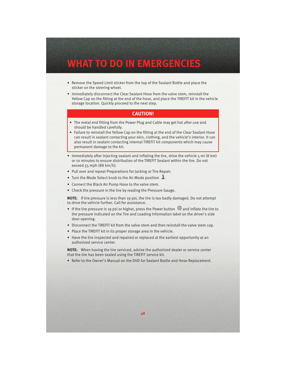 What to do in emergencies | Dodge 2010 Charger_SRT - User Guide User Manual | Page 50 / 80