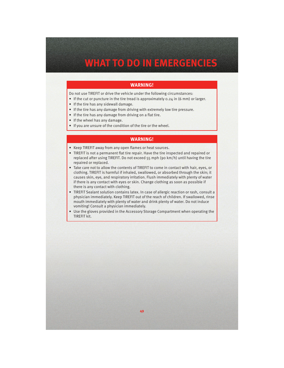 What to do in emergencies | Dodge 2010 Charger_SRT - User Guide User Manual | Page 51 / 80