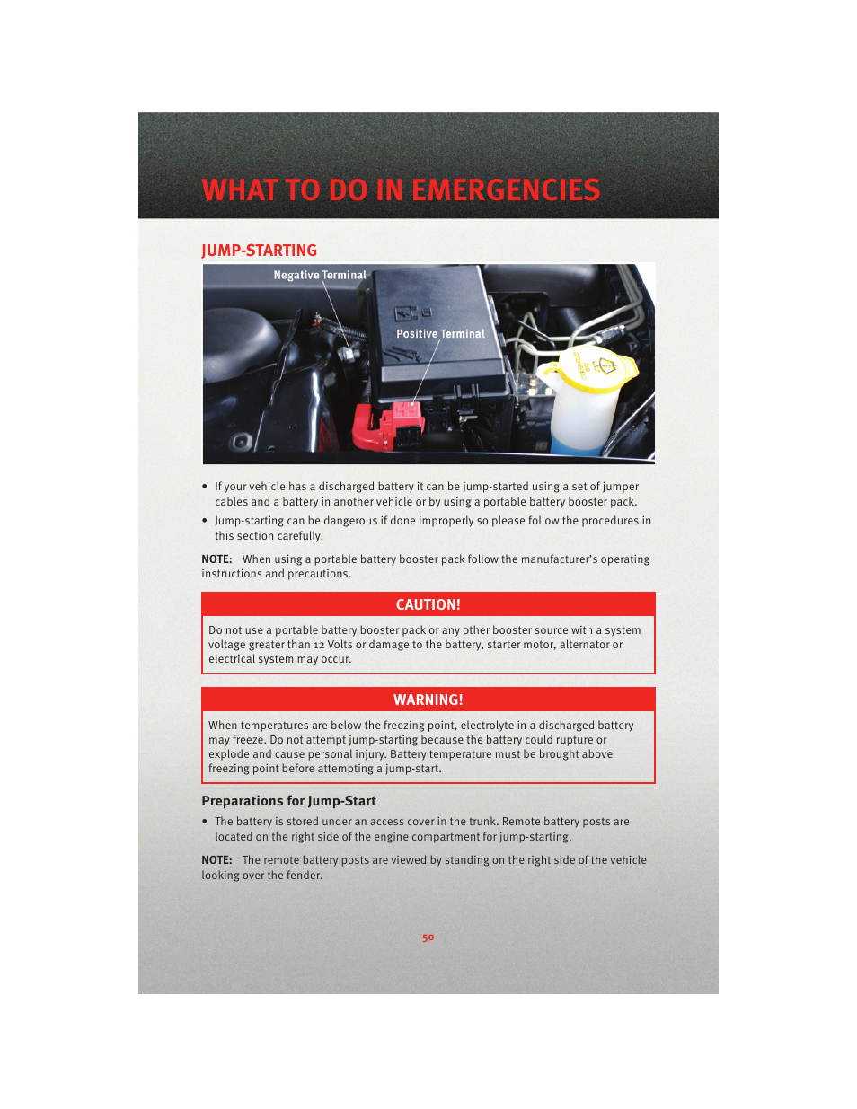 Jump-starting, Preparations for jump-start, What to do in emergencies | Dodge 2010 Charger_SRT - User Guide User Manual | Page 52 / 80
