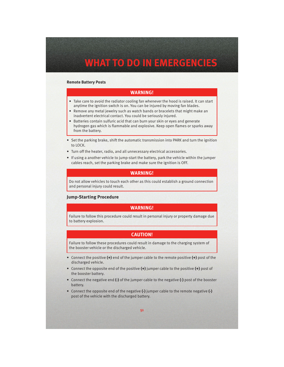 Jump-starting procedure, What to do in emergencies | Dodge 2010 Charger_SRT - User Guide User Manual | Page 53 / 80