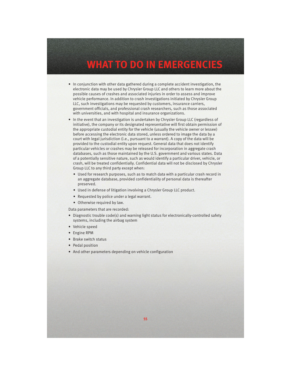 What to do in emergencies | Dodge 2010 Charger_SRT - User Guide User Manual | Page 57 / 80