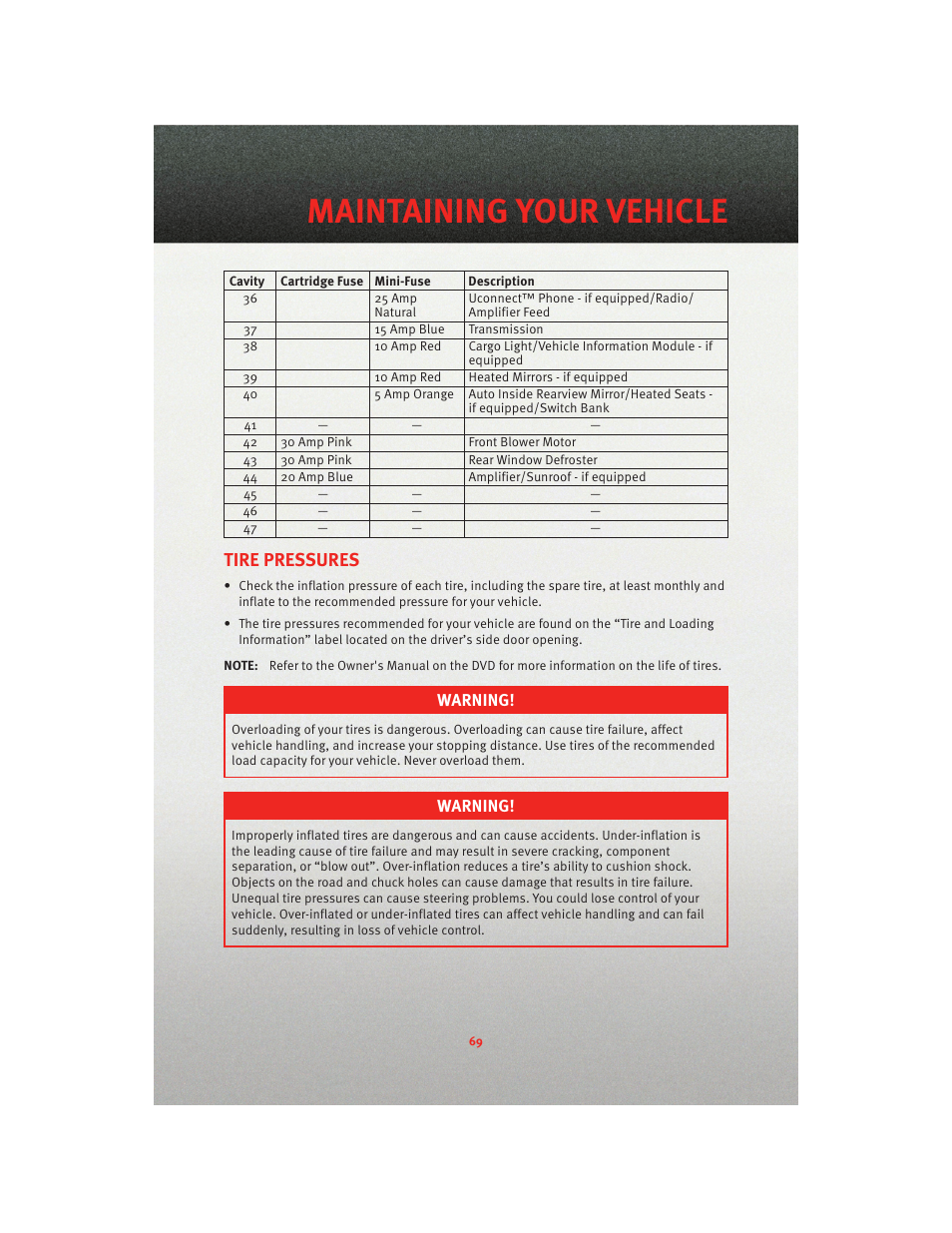 Tire pressures, Maintaining your vehicle | Dodge 2010 Charger_SRT - User Guide User Manual | Page 71 / 80