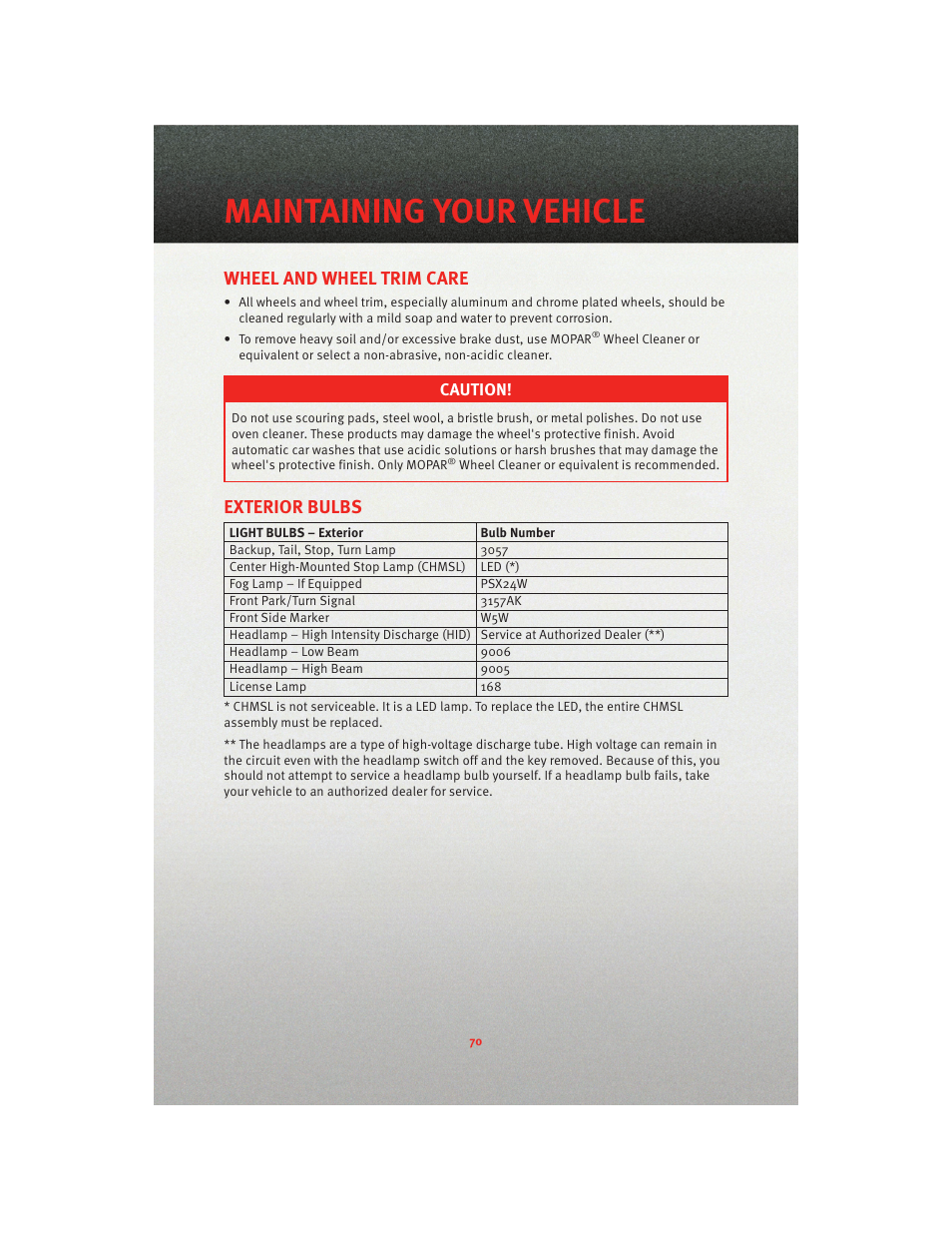 Wheel and wheel trim care, Exterior bulbs, Maintaining your vehicle | Dodge 2010 Charger_SRT - User Guide User Manual | Page 72 / 80