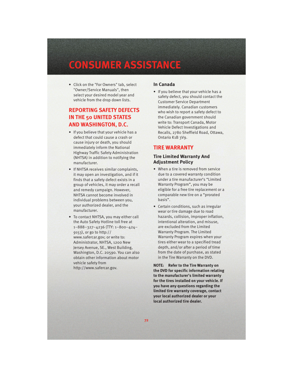 In canada, Tire warranty, Tire limited warranty and adjustment policy | Consumer assistance | Dodge 2010 Charger_SRT - User Guide User Manual | Page 74 / 80