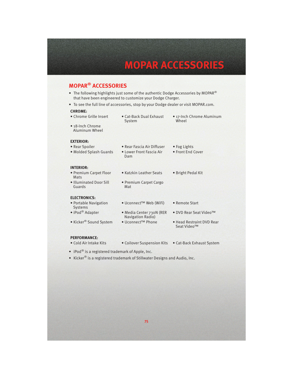 Mopar accessories, Mopar® accessories, Mopar | Accessories | Dodge 2010 Charger_SRT - User Guide User Manual | Page 77 / 80