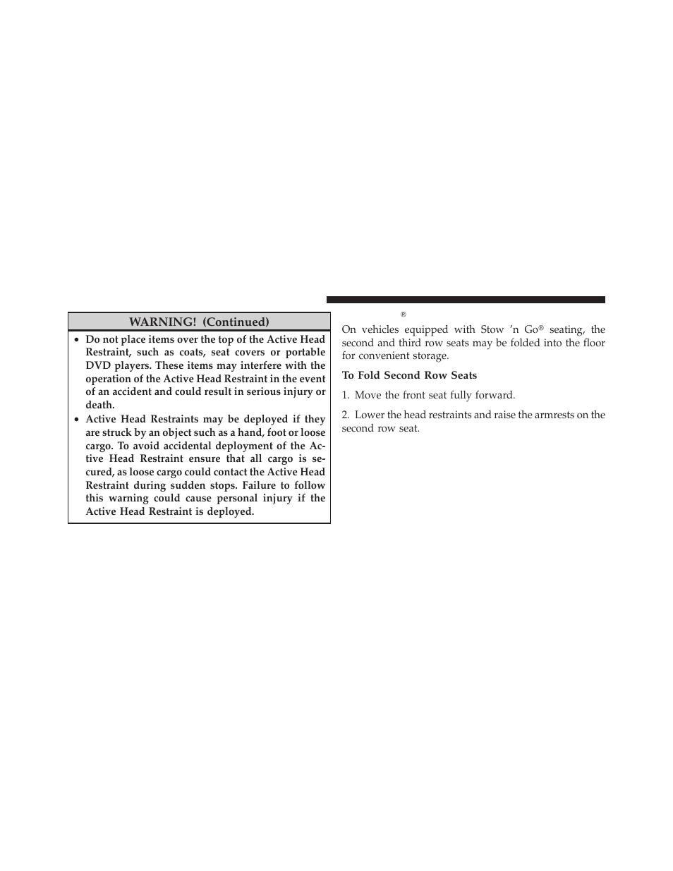 Stow 'n go seating — if equipped, Stow ’n go௡ seating — if equipped | Dodge 2010 Grand Caravan - Owner Manual User Manual | Page 133 / 530