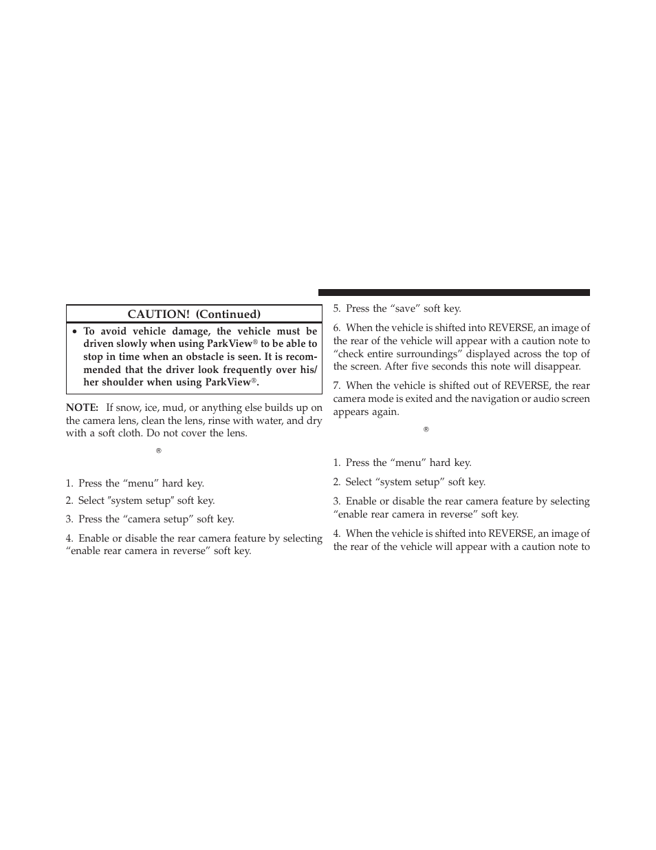 Turning parkview௡ on or off, With navigation/multimedia radio, Without navigation/multimedia radio | Dodge 2010 Grand Caravan - Owner Manual User Manual | Page 183 / 530