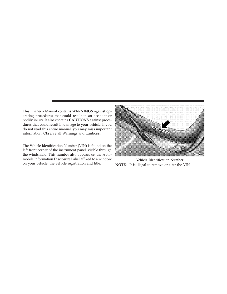 Warnings and cautions, Vehicle identification number | Dodge 2010 Grand Caravan - Owner Manual User Manual | Page 7 / 530