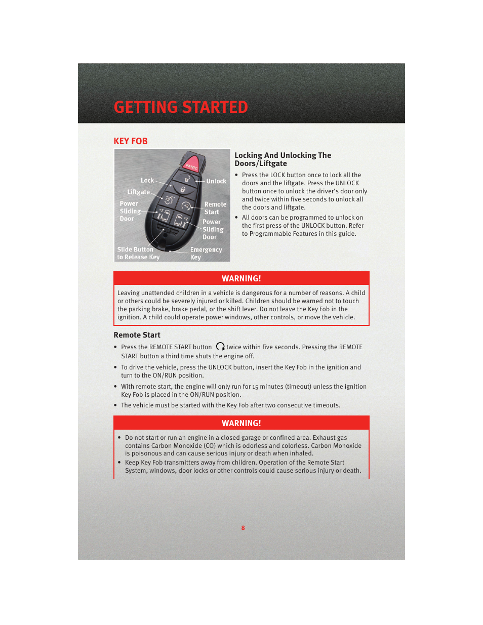 Getting started, Key fob, Locking and unlocking the doors/liftgate | Remote start | Dodge 2010 Grand Caravan - User Guide User Manual | Page 10 / 88