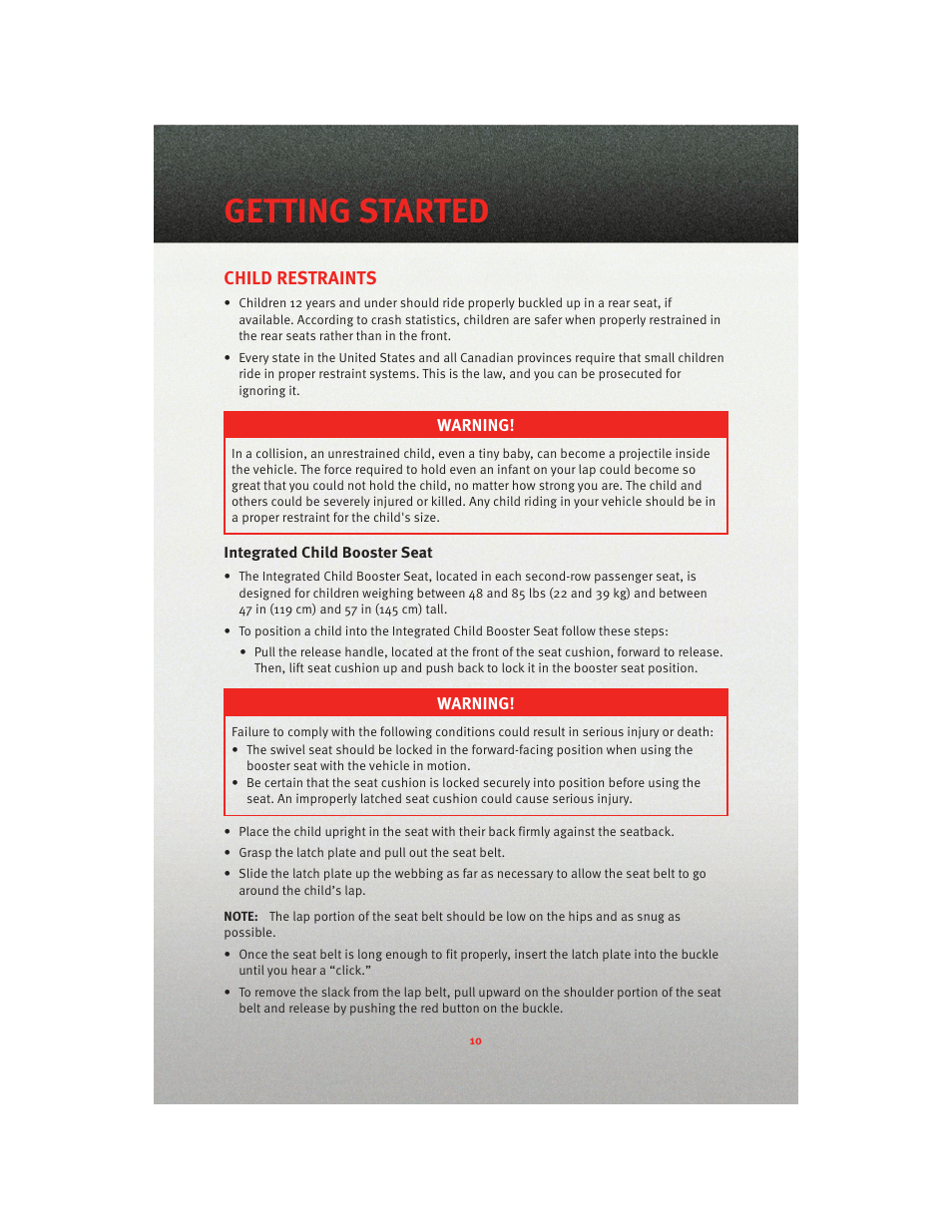 Child restraints, Integrated child booster seat, Getting started | Dodge 2010 Grand Caravan - User Guide User Manual | Page 12 / 88