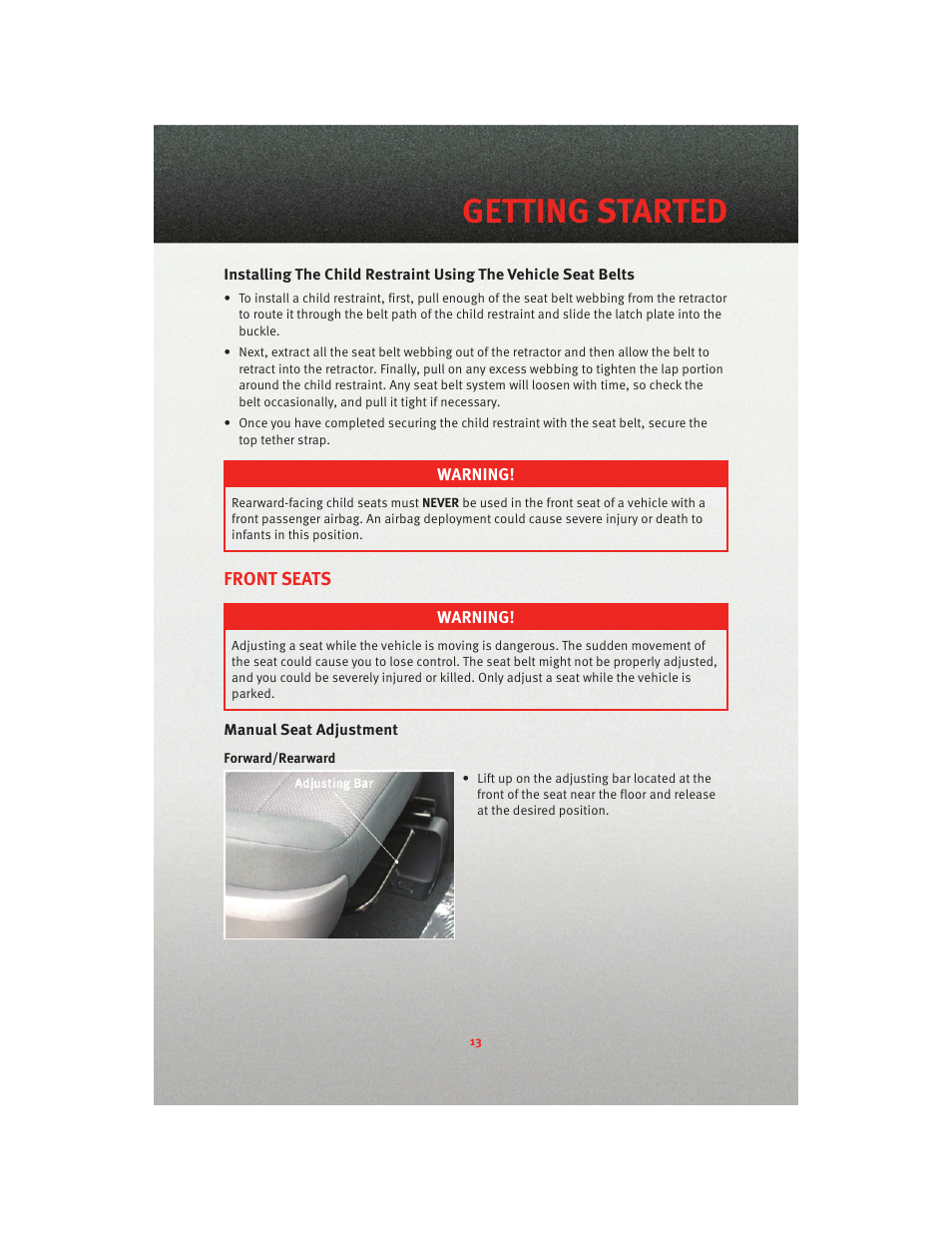 Front seats, Manual seat adjustment, Getting started | Dodge 2010 Grand Caravan - User Guide User Manual | Page 15 / 88