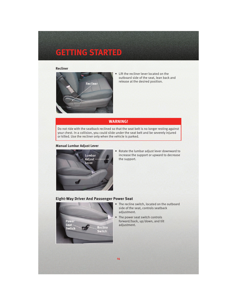 Eight-way driver and passenger power seat, Getting started | Dodge 2010 Grand Caravan - User Guide User Manual | Page 16 / 88