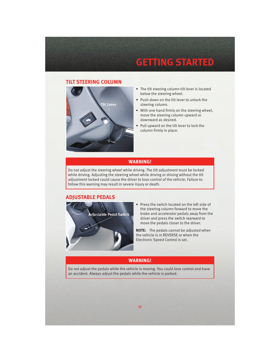 Tilt steering column, Adjustable pedals, Getting started | Dodge 2010 Grand Caravan - User Guide User Manual | Page 19 / 88