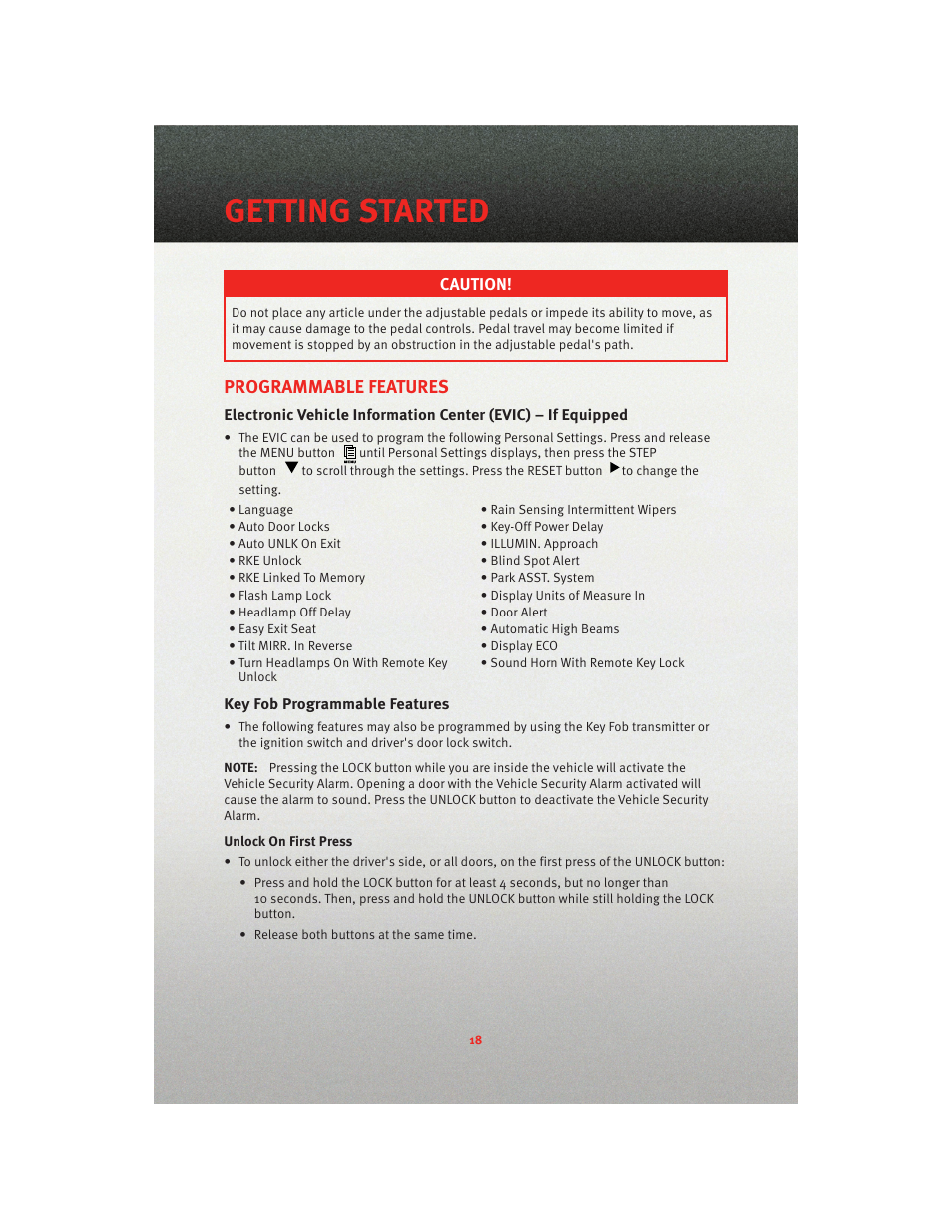 Programmable features, Key fob programmable features, Getting started | Dodge 2010 Grand Caravan - User Guide User Manual | Page 20 / 88
