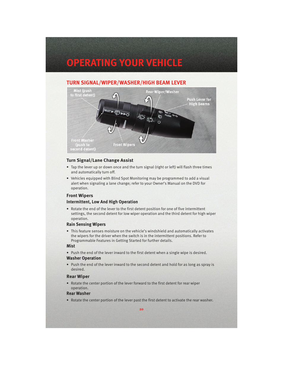 Operating your vehicle, Turn signal/wiper/washer/high beam lever, Turn signal/lane change assist | Front wipers, Rear wiper | Dodge 2010 Grand Caravan - User Guide User Manual | Page 22 / 88