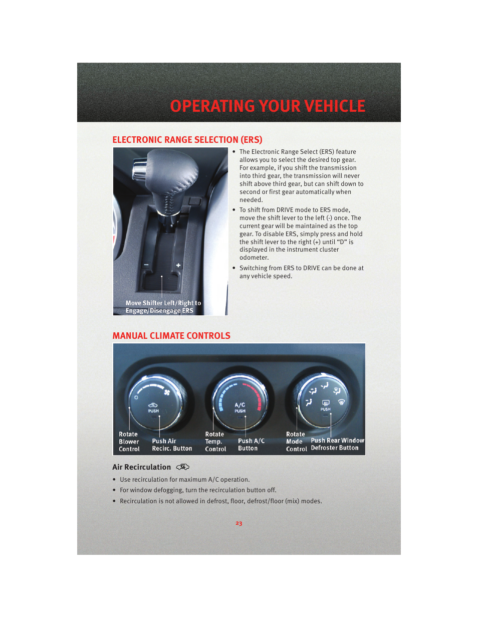 Electronic range selection (ers), Manual climate controls, Air recirculation | Operating your vehicle | Dodge 2010 Grand Caravan - User Guide User Manual | Page 25 / 88