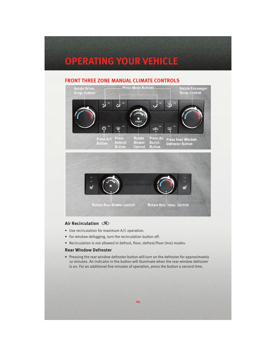 Front three zone manual climate controls, Air recirculation, Rear window defroster | Operating your vehicle | Dodge 2010 Grand Caravan - User Guide User Manual | Page 26 / 88