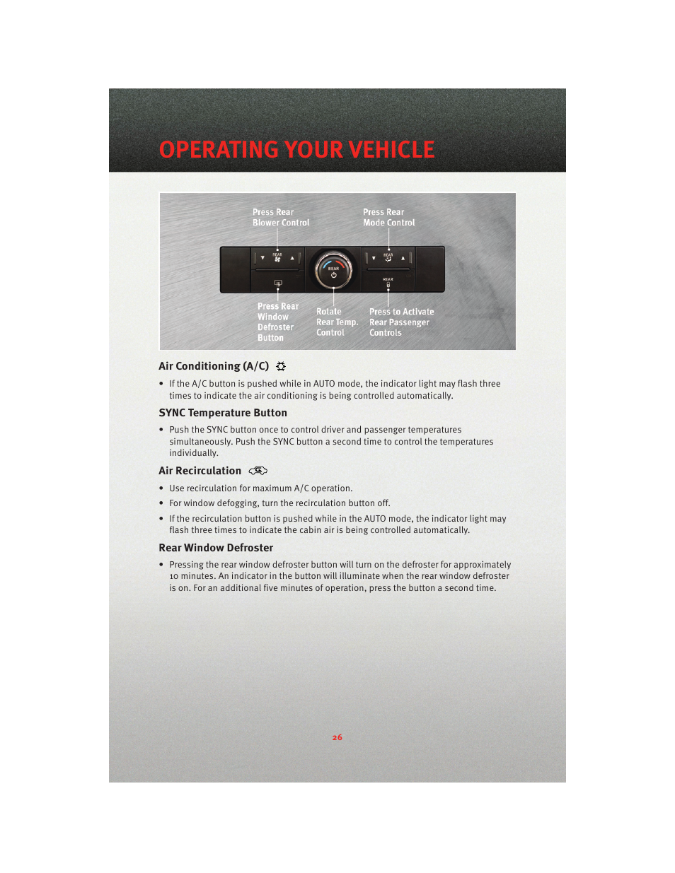 Air conditioning (a/c), Sync temperature button, Air recirculation | Rear window defroster, Operating your vehicle | Dodge 2010 Grand Caravan - User Guide User Manual | Page 28 / 88