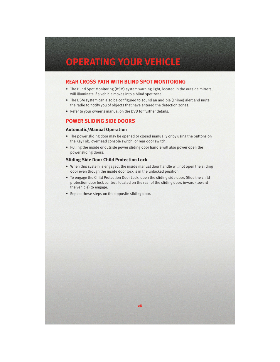 Rear cross path with blind spot monitoring, Power sliding side doors, Automatic/manual operation | Sliding side door child protection lock, Operating your vehicle | Dodge 2010 Grand Caravan - User Guide User Manual | Page 30 / 88