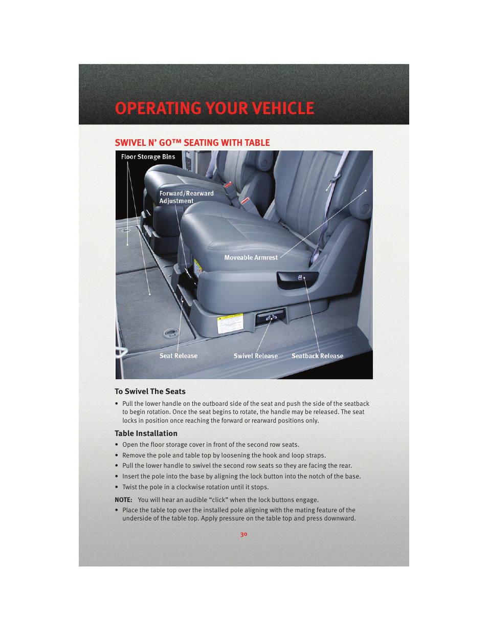 Swivel n’ go™ seating with table, To swivel the seats, Table installation | Operating your vehicle | Dodge 2010 Grand Caravan - User Guide User Manual | Page 32 / 88