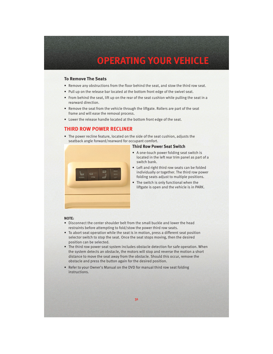 To remove the seats, Third row power recliner, Operating your vehicle | Dodge 2010 Grand Caravan - User Guide User Manual | Page 33 / 88