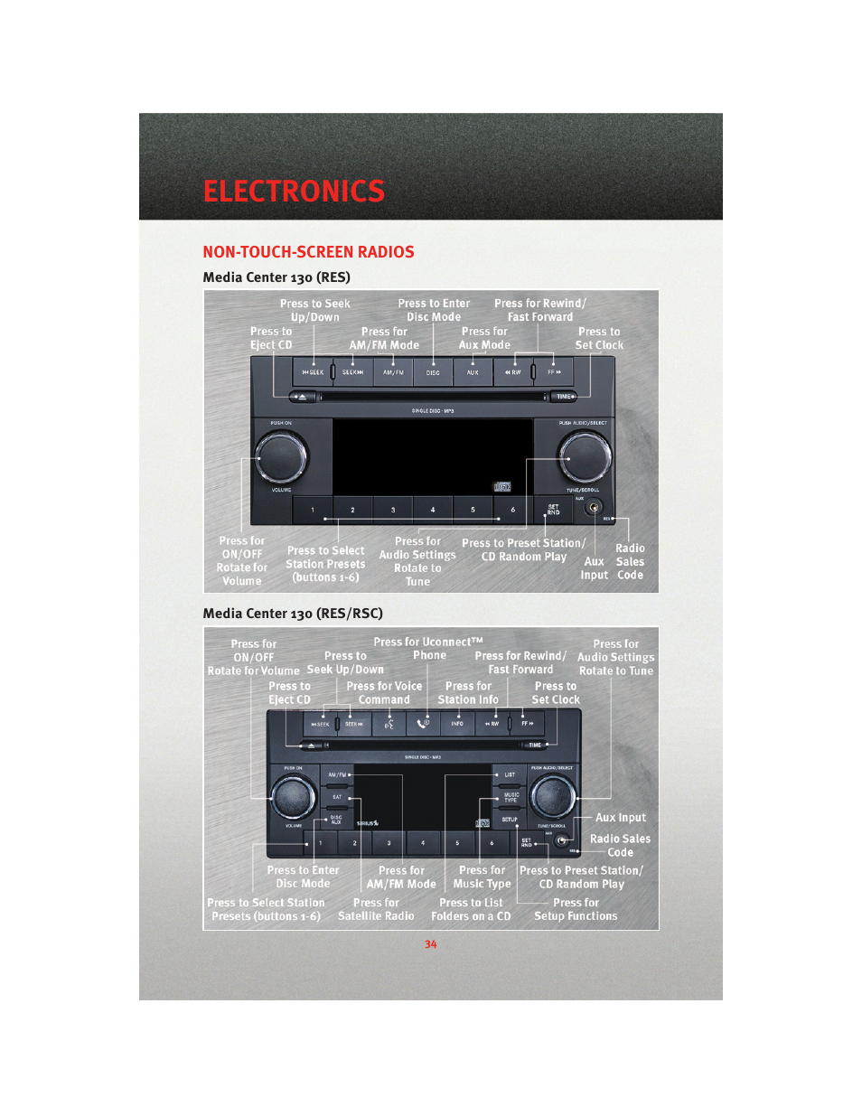 Electronics, Non-touch-screen radios, Media center 130 (res) | Media center 130 (res/rsc) | Dodge 2010 Grand Caravan - User Guide User Manual | Page 36 / 88