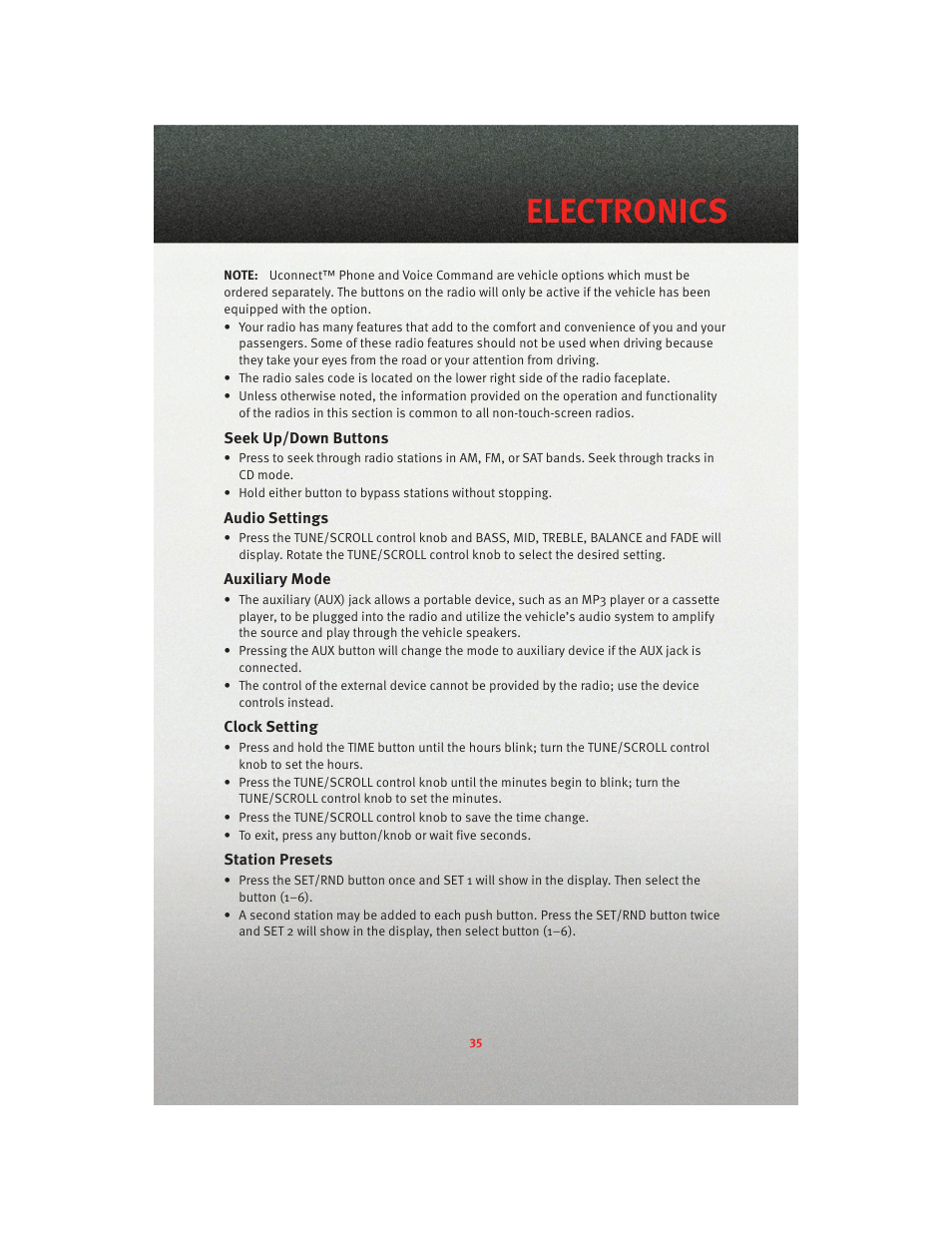 Seek up/down buttons, Audio settings, Auxiliary mode | Clock setting, Station presets, Electronics | Dodge 2010 Grand Caravan - User Guide User Manual | Page 37 / 88