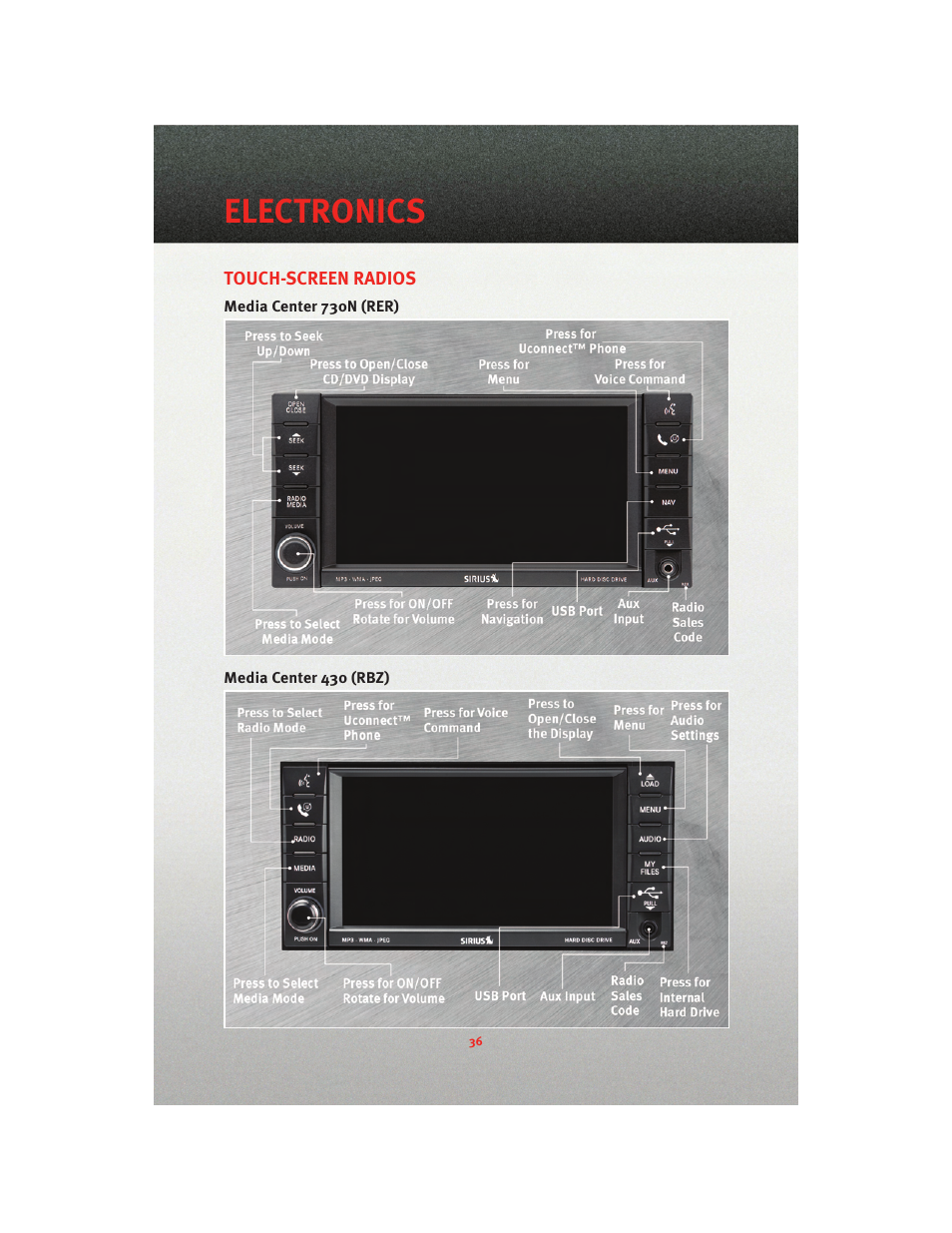 Touch-screen radios, Media center 730n (rer), Media center 430 (rbz) | Electronics | Dodge 2010 Grand Caravan - User Guide User Manual | Page 38 / 88