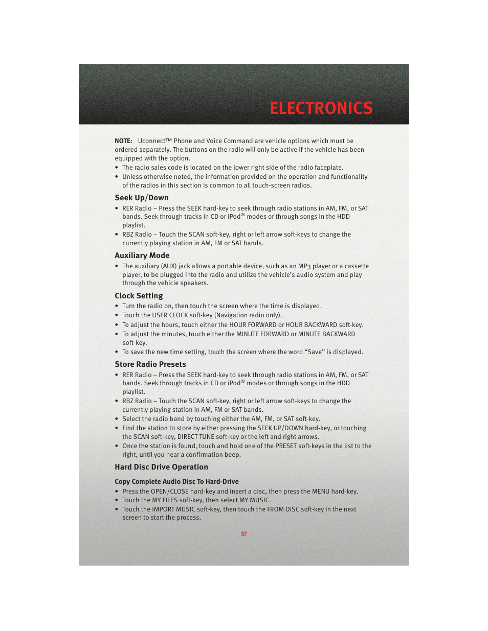 Seek up/down, Auxiliary mode, Clock setting | Store radio presets, Hard disc drive operation, Electronics | Dodge 2010 Grand Caravan - User Guide User Manual | Page 39 / 88