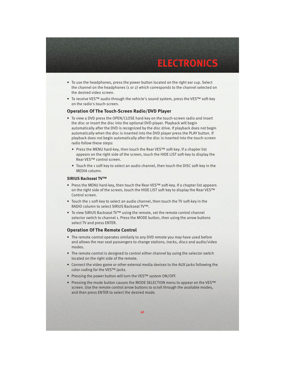 Operation of the touch-screen radio/dvd player, Operation of the remote control, Electronics | Dodge 2010 Grand Caravan - User Guide User Manual | Page 43 / 88