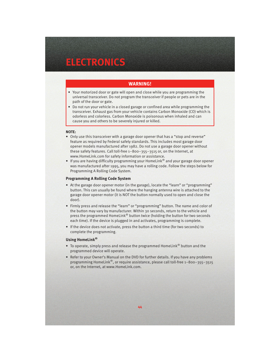 Electronics, Warning | Dodge 2010 Grand Caravan - User Guide User Manual | Page 46 / 88