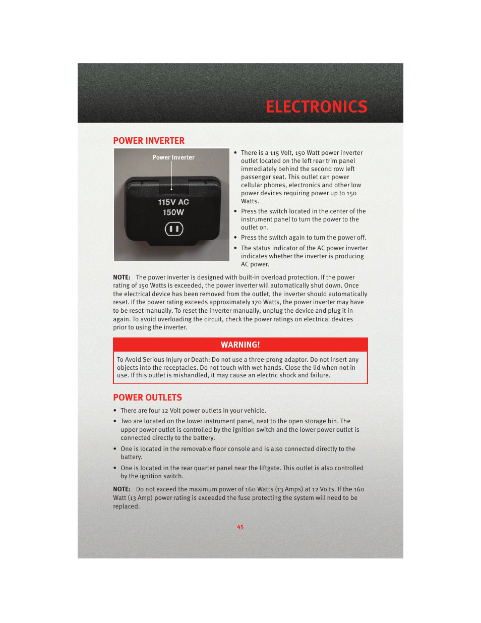 Power inverter, Power outlets, Electronics | Dodge 2010 Grand Caravan - User Guide User Manual | Page 47 / 88