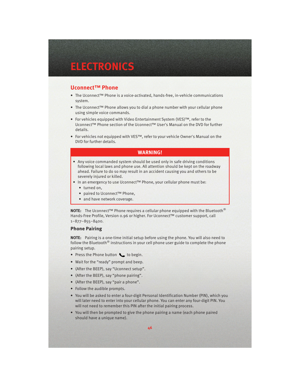 Uconnect™ phone, Phone pairing, Electronics | Dodge 2010 Grand Caravan - User Guide User Manual | Page 48 / 88