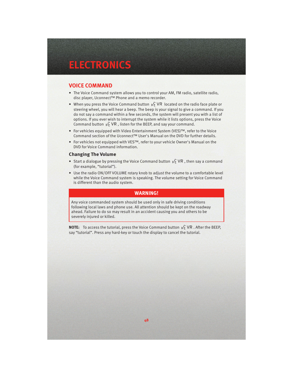 Voice command, Changing the volume, Electronics | Dodge 2010 Grand Caravan - User Guide User Manual | Page 50 / 88