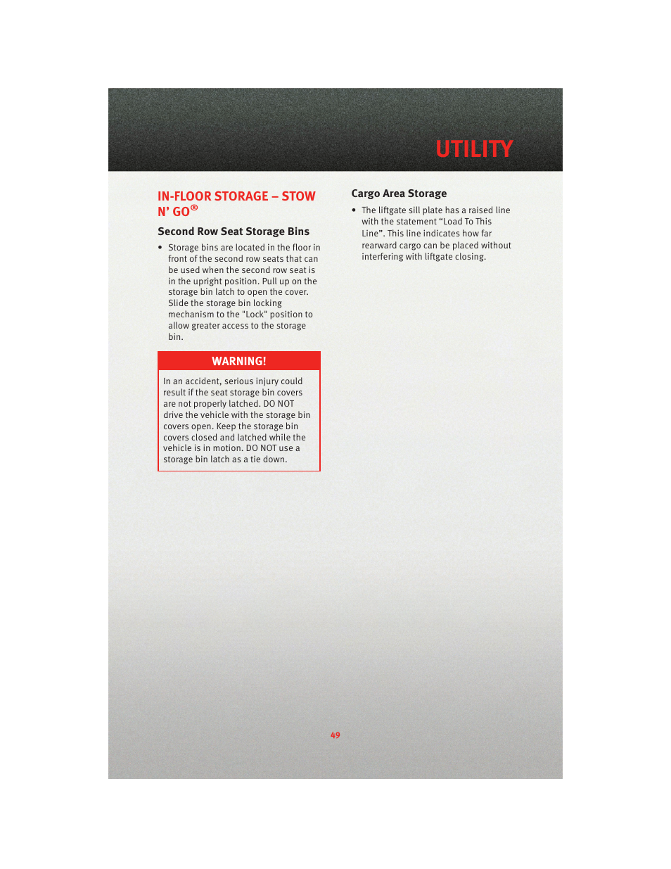 Utility, In-floor storage – stow n’ go, Second row seat storage bins | Cargo area storage | Dodge 2010 Grand Caravan - User Guide User Manual | Page 51 / 88