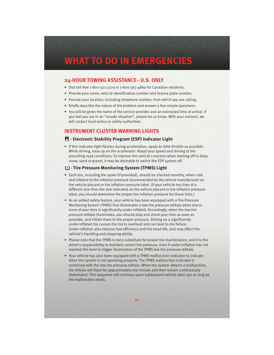 What to do in emergencies, Hour towing assistance - u.s. only, Instrument cluster warning lights | Electronic stability program (esp) indicator light, Tire pressure monitoring system (tpms) light | Dodge 2010 Grand Caravan - User Guide User Manual | Page 54 / 88