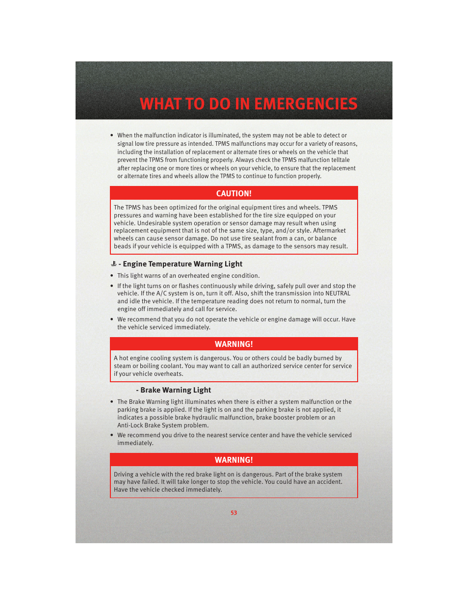 Engine temperature warning light, Brake warning light, What to do in emergencies | Dodge 2010 Grand Caravan - User Guide User Manual | Page 55 / 88