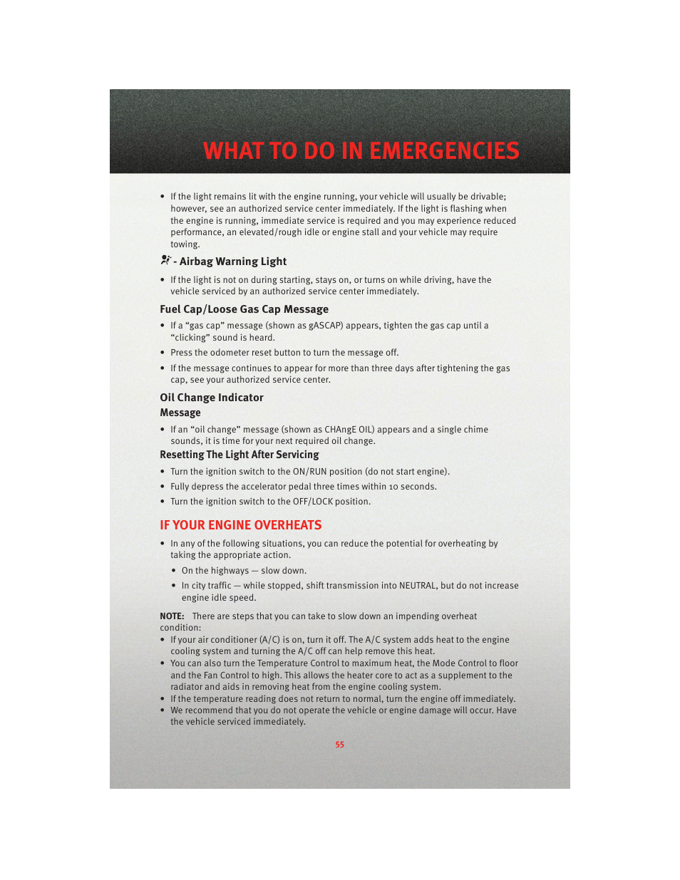 Airbag warning light, Fuel cap/loose gas cap message, Oil change indicator | If your engine overheats, What to do in emergencies | Dodge 2010 Grand Caravan - User Guide User Manual | Page 57 / 88