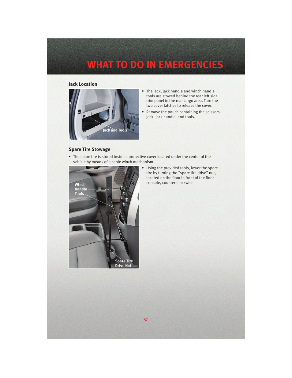 Jack location, Spare tire stowage, What to do in emergencies | Dodge 2010 Grand Caravan - User Guide User Manual | Page 59 / 88