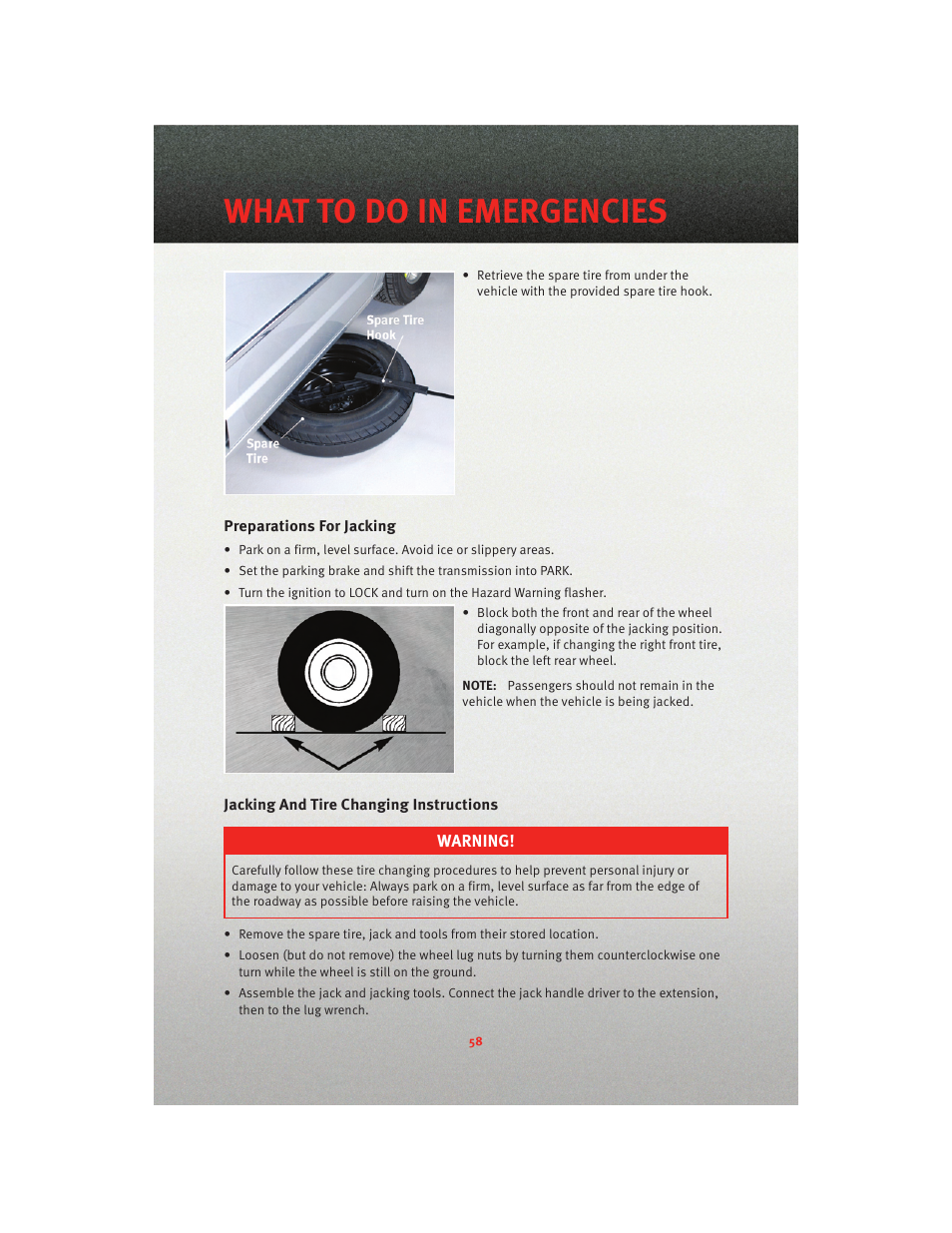 Preparations for jacking, Jacking and tire changing instructions, What to do in emergencies | Dodge 2010 Grand Caravan - User Guide User Manual | Page 60 / 88