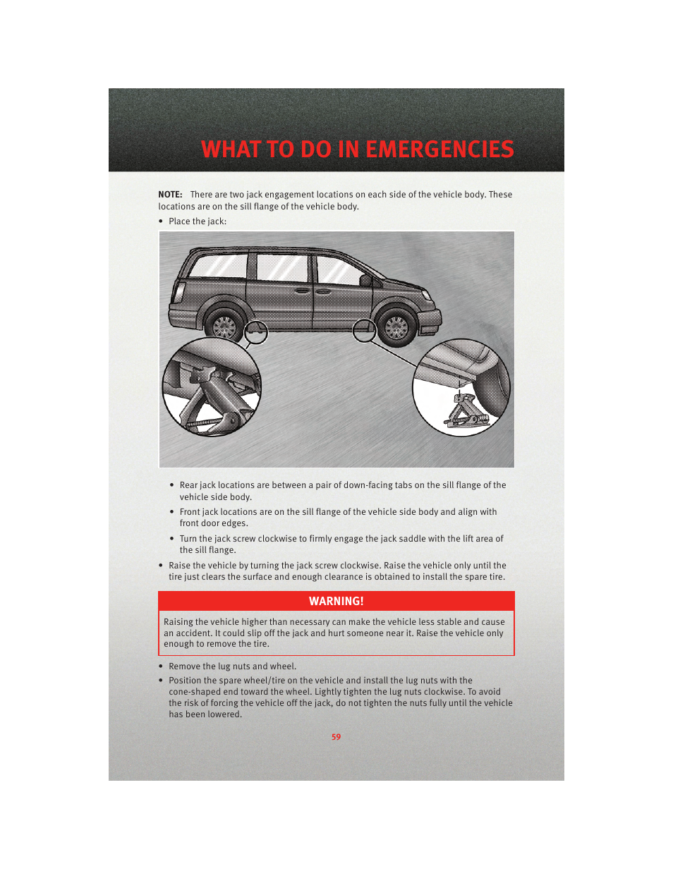 What to do in emergencies | Dodge 2010 Grand Caravan - User Guide User Manual | Page 61 / 88